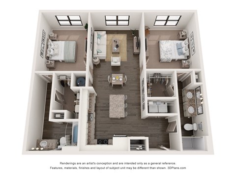 3D floor plan of 2-bed 1089 sq ft at the augustan in augusta, georgia